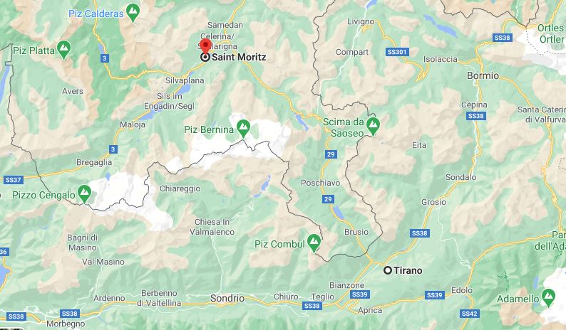 Il Trenino del Bernina il percorso per due giorni: fotografia del tragitto su Google Maps da Tirano a Saint-Moritz (Svizzera).